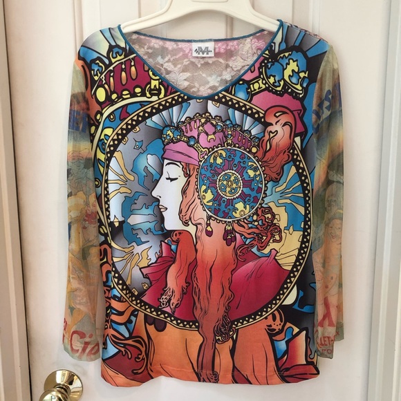 Colorful sleek front, lace back, sheer sleeve SzM - Picture 7 of 11